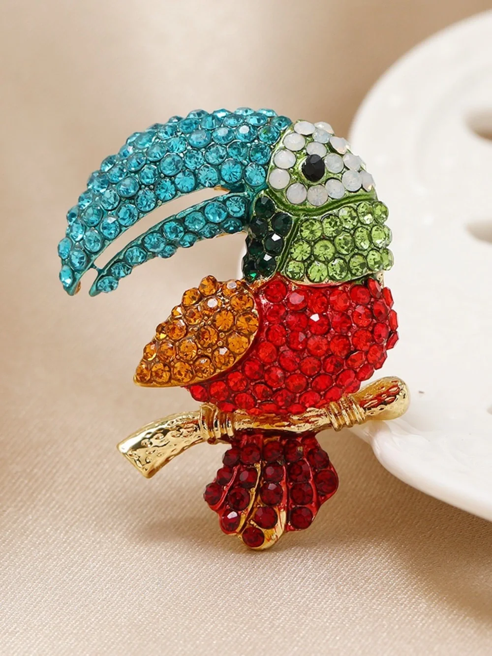 Colorful Rhinestone Toucan Brooch Blue Red Green Crystal Tropical Bird Pin